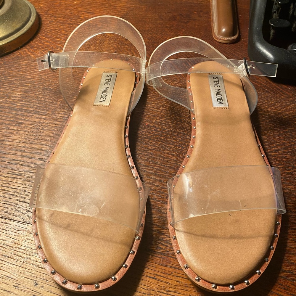 Steve Madden Clear Strap Tan Footbed Studded Sandals